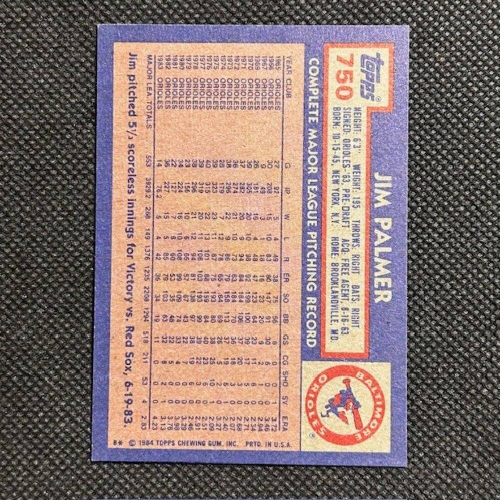 1984 Topps #750 Jim Palmer Baltimore Orioles HOF - Picture 2 of 2